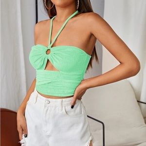 Shein green ring cut out tie back halter top